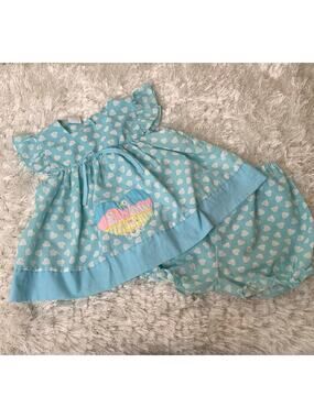 Vintage Aqua Blue Heart Print 2 Piece Set Dress Bloomers Sz 24 Months